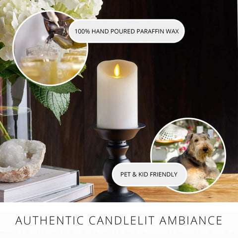 Flickering Flameless White Pillar Candle With Scalloped Edge 4.5 Inch on black holder, cozy warm LED flame, decor for centerpieces.