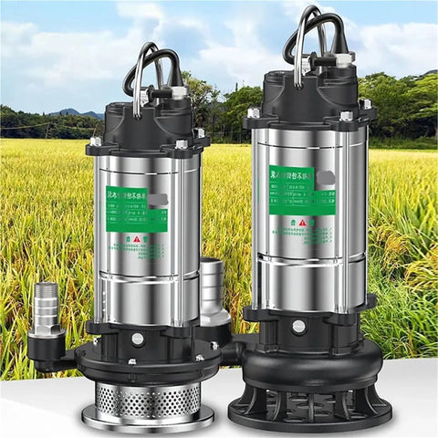 Heavy Duty Submersible Water Pump With 750 Watt Motor And 10 Meter Head for agricultural irrigation, displayed in a field setting.