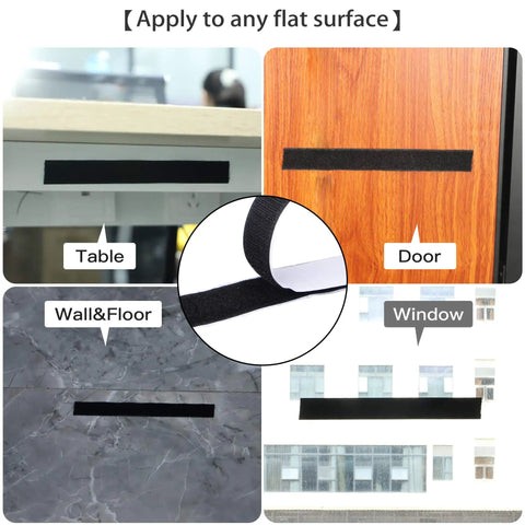 16 Ft Hook And Loop Tape Set With Self Adhesive Backing applied on table, door, wall, and window surfaces