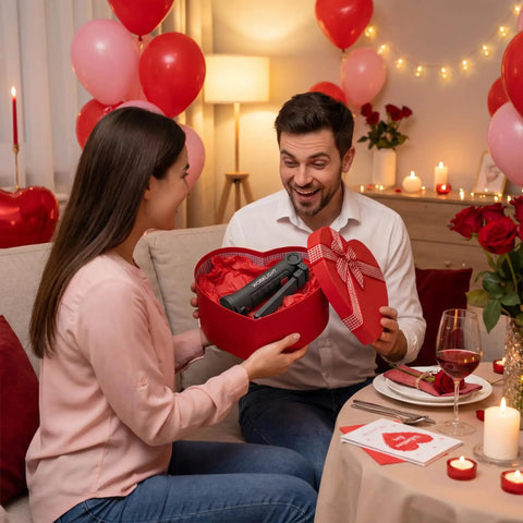 Couple exchanging a heart-shaped box with a Six Pack Rechargeable LED Work Lights With Magnetic Base And 360 Degree Spin.