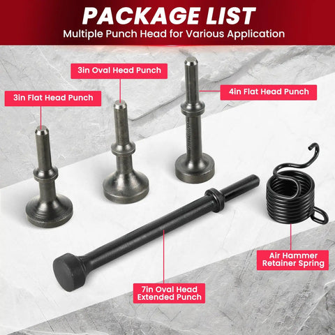 Five Piece Smoothing Air Hammer Bits Kit With 10mm Shank for Pneumatic Tools shown with multiple punch heads and spring