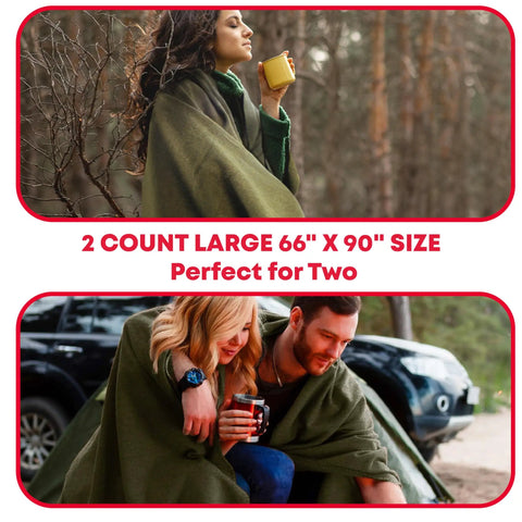 Two people using Olive Drab Green Fire Retardant Wool Blanket 66 By 90 Inch Beefy Heavy Duty Military Style 80 Percent Wool 2 Pack