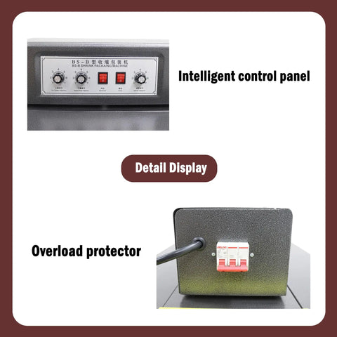 Lgxenzhuo 220V Heat Shrink Tunnel Wrapper With Wide 17.7 In Chamber High Power Quartz Tubes showing intelligent control panel and overload protector detail.