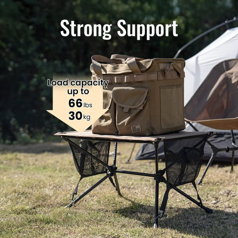 Ultralight Foldable Camping Table With Quick Setup, Sturdy And Stable Build Weighing Only 2.4 Lbs, supporting loaded bag outdoors