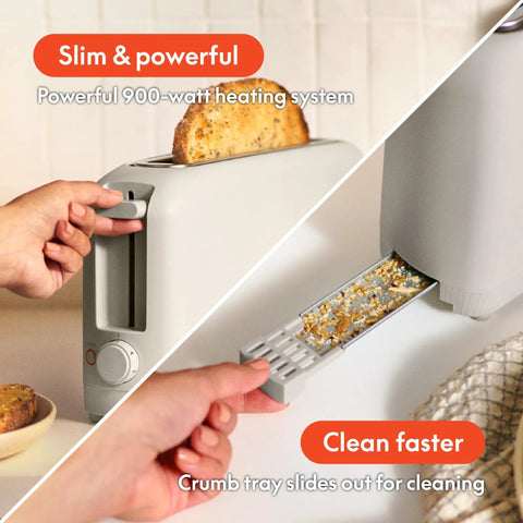 Slick Two Slice Slim Toaster With Hella Long Slots For Versatile Even Heating And A Tight Oat Milk Finish showing slim design and removable crumb tray.