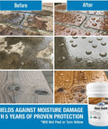 Pro Level Gloss Water Based Acrylic Sealer Protecting Wood Concrete Brick And Masonry With A Slick High Shine Seal For Zero Sweat Application Inside Each 5 Gallon Value Pack Two before and after comparison of moisture protection on surfaces.