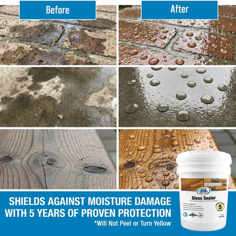 Pro Level Gloss Water Based Acrylic Sealer Protecting Wood Concrete Brick And Masonry With A Slick High Shine Seal For Zero Sweat Application Inside Each 5 Gallon Value Pack Two before and after comparison of moisture protection on surfaces.