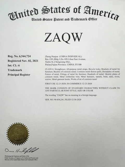 ZAQW trademark registration certificate, United States Patent and Trademark Office, showing class, registration number, and official seal.