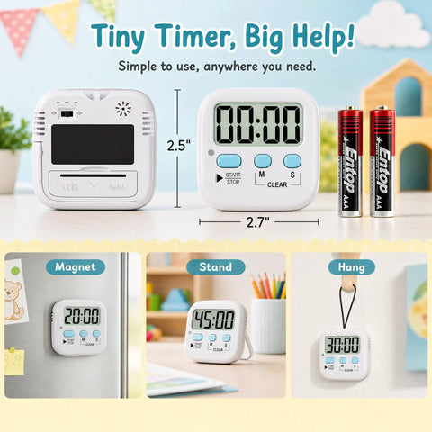 Top Shelf Two Pack Digital Timer With Built In Memory Dead Reliable For Kitchen Cooking Classroom Tasks And Quick Meal Prep Drop In And Play Design Comes Fully Loaded With Batteries Ready To Roll showing timer features and measurements.