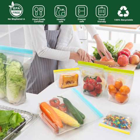 24 Pack Reusable Food Storage Bags Dishwasher Safe Microwave Safe BPA Free Freezer Bags with vegetables and fruits