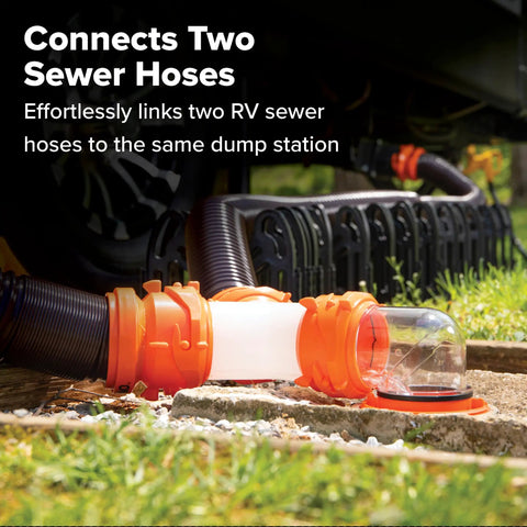 RhinoFLEX RV Sewer Wye Fitting For Dual Hoses To One Dump Station With 360 Degree Swivel Ends And Built In Gaskets in use
