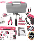 Pink 35 Piece Cordless Tool Kit With 3.6V USB Electric Screwdriver Set For Women, including tools, case, and manuals on display.