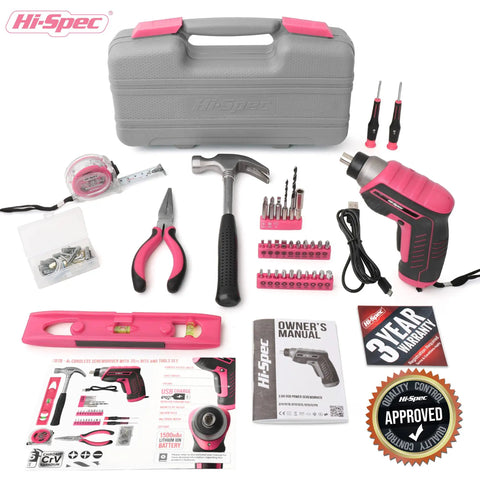 Pink 35 Piece Cordless Tool Kit With 3.6V USB Electric Screwdriver Set For Women, including tools, case, and manuals on display.