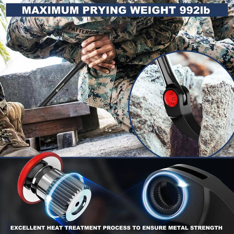 Indexing Pry Bar Set Built Tough For Mechanics with heavy-duty bar demonstrating 992lb prying weight and close-up of heat treatment process
