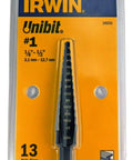 Step Drill Bit Set For Thin Materials One Eighth To One Half Inch Steps With A Quarter Inch Shank Irwin Tools 10231 in packaging