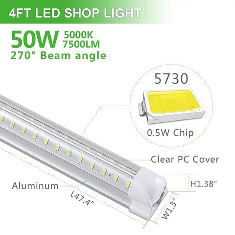 Diagram of 4Ft LED Shop Light with specs, showing 50W power, 5000K daylight color, 7500LM brightness, aluminum body, clear PC cover.