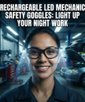 Kickass Rechargeable Led Safety Glasses With Built In Work Lights For Mechanics Auto Repair And Tight Garage Jobs featuring a smiling woman in a garage.