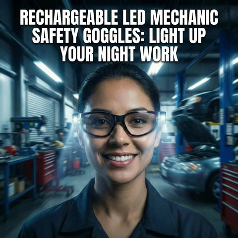 Kickass Rechargeable Led Safety Glasses With Built In Work Lights For Mechanics Auto Repair And Tight Garage Jobs featuring a smiling woman in a garage.