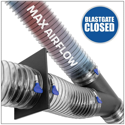 Six Pack 4 Inch Blast Gates With Double Sided Ports For Dust Collection Systems And Shop Vacuums With 4 Inch Hoses Dope For Busy Woodworking Shops And Maximized Airflow Control showing closed blast gate and max airflow display.
