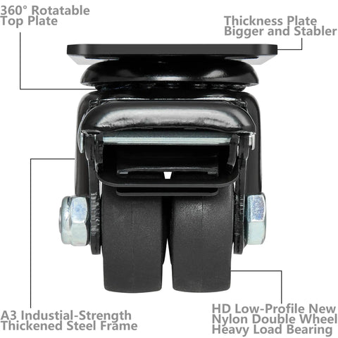 Built Tough Heavy Duty Swivel Casters 1.5 Inch Double Wheel Solid Nylon With Locking Brakes Low Profile Mount Set Of 4 Black top plate detail.