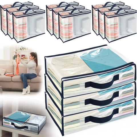 Heavy-Duty Clear Storage Bags With Zipper, 12 pack, containing clothing and bedding, transparent, waterproof PVC, size 15.7x11.8x3.9 inch