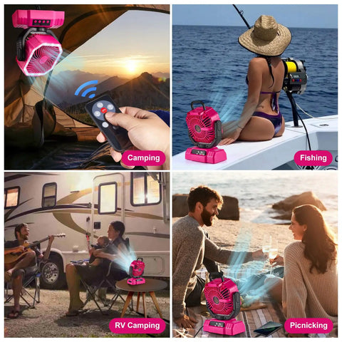 Portable Camping Fan With LED Lantern And 20000mAh Battery Auto Oscillation Remote Timer 360 Degree Rotation in pink