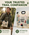 Man in forest holding 2 Point 1 Gallon Collapsible Water Jug For Outdoor Adventures, BPA-free, foldable, 8L capacity jug for camping.