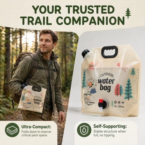 Man in forest holding 2 Point 1 Gallon Collapsible Water Jug For Outdoor Adventures, BPA-free, foldable, 8L capacity jug for camping.