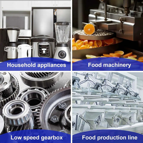 Industrial machinery and appliances collage featuring Pro Grade Food Safe Grease For Meat, Dairy And Beverage Lines, NSF H1 Certified
