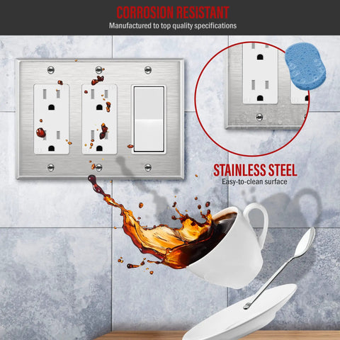 Heavy Duty Stainless Steel Wall Plate For Decorator Switch And Outlet, Three Gang, 4.5 By 6.38 Inches, Corrosion Resistant, UL Listed.