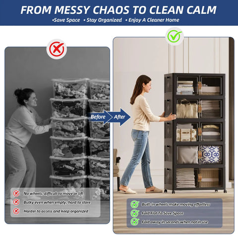 No Sweat Roll Away Stackable Storage Bins With Smooth Casters And Parking Brakes Large Folding Closet Organizers For Messy Rooms And Junk Drop Boxes Black Five Pack Ready - before and after storage solution comparison.