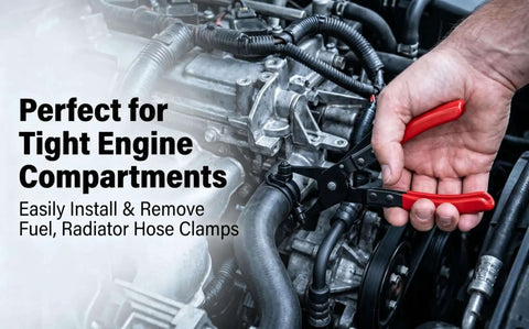 Grab This Awesome 130-Piece Spring Band Hose Clamp Kit With Swivel Pliers Perfect For Fuel Lines Silicone Tubes And Radiator Pipes Featuring Constant Tension Design And Dacromet Coated 65Mn Steel In 15 Sizes To Keep You Rolling Smooth On The Road Without. spring hose clamp pliers in an engine bay removing a radiator hose clamp