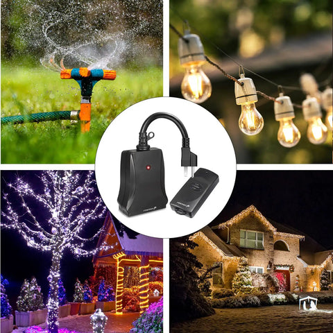 Outdoor Wireless Remote Control Outlet With Two Plugs for controlling lights and decor up to 100 feet, shown with garden and house lighting examples.