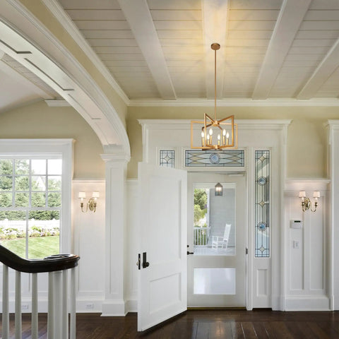 Slick Six Bulb Gold Chandelier That Gonna Level Up Your Space, modern farmhouse ceiling light showcasing geometric design in foyer.