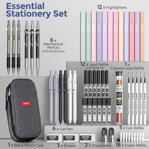 All In One 50 Piece School Supplies Stationery Set With Pencil Case, 6 Gel Pens And Refills, 12 Pastel Highlighters, 6 Mechanical Pencils