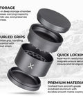 Exploded view of Premium Aluminum Toothless Grinder 2.5 Inch 4 Piece With Extra Storage Magnetic Lid Manual Herb Grinder Matte Gunmetal Gray