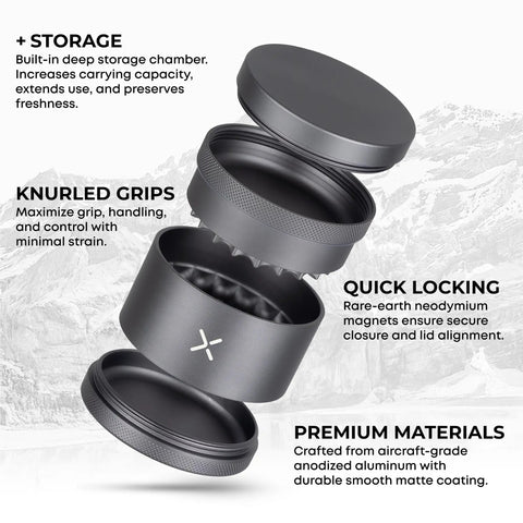 Exploded view of Premium Aluminum Toothless Grinder 2.5 Inch 4 Piece With Extra Storage Magnetic Lid Manual Herb Grinder Matte Gunmetal Gray