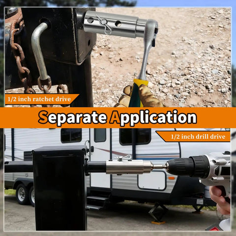 Heavy Duty Trailer Jack Drill Adapter For One Inch Square Drive Shafts in use with ratchet and drill drives next to RV.