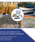 Collage featuring Grommet Tool Kit For Tarps And Tarp Repair Five Eighth Inch Hole Die Cutting Punch, tarps, and fabric covers.