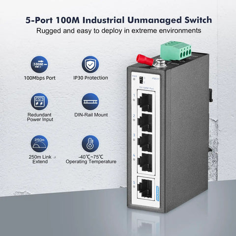 Rugged 5 Port Industrial Switch With 4 Ethernet Ports And 1 Uplink Unmanaged 10 100 Mbps Fast Ethernet IP30 DIN Rail Mount