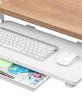 Under Desk Keyboard Tray With Clamp On Mount 19.7 By 11.81 Inches Space Saving Pull Out Keyboard Drawer For Home Office Fits Full Size Keyboard And Mouse Easy To Install Ergonomic Slide Out Shelf showing keyboard and mouse on white tray under wooden desk.
