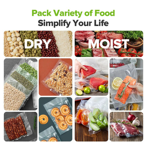 Heavy Duty Vacuum Sealer Bags For Food Storage 7 Pack In 8x20 11x20 And 6x20 Rolls BPA Free Embossed Durable PA And PE Material Built Tough Cut To Size for storing dry and moist foods.