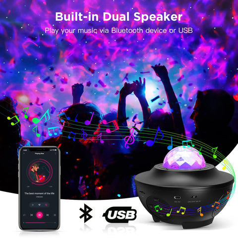 Galaxy Night Light Projector With Bluetooth Speaker And Remote, Alexa And App Control shown with music app and vibrant lights.