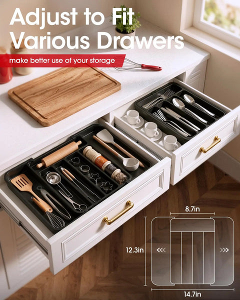 Expandable Silverware Drawer Organizer For Kitchen Storage And Organization Adjustable Utensil Tray shown in kitchen drawers