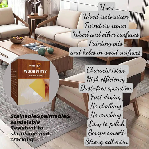 Walnut Wood Filler Putty 9.87 Oz Stainable And Paintable Repair Kit packaging in living room setting, showing features.