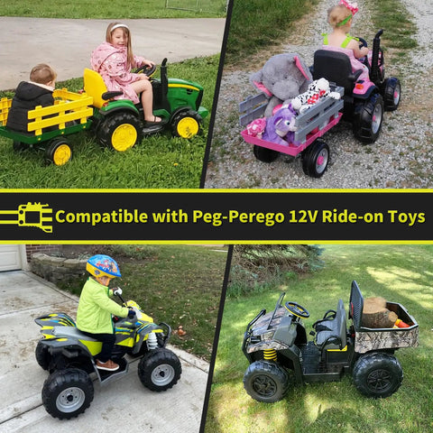 Children riding Peg Perego ride-on cars compatible with Power Wheel Battery Adapter For Ryobi 18V Battery With Wire Harness Connector.