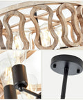 Close-up of 23-Inch 7-Light Rustic Wood Drum Chandelier With Metal Accents, showing wood detail, bulbs, and metal rod.