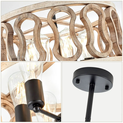 Close-up of 23-Inch 7-Light Rustic Wood Drum Chandelier With Metal Accents, showing wood detail, bulbs, and metal rod.
