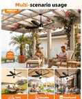 36 Inch Outdoor Ceiling Fan With Light And Remote, Wet Rated For Patios And Porches, visible in a gazebo setting, with people relaxing