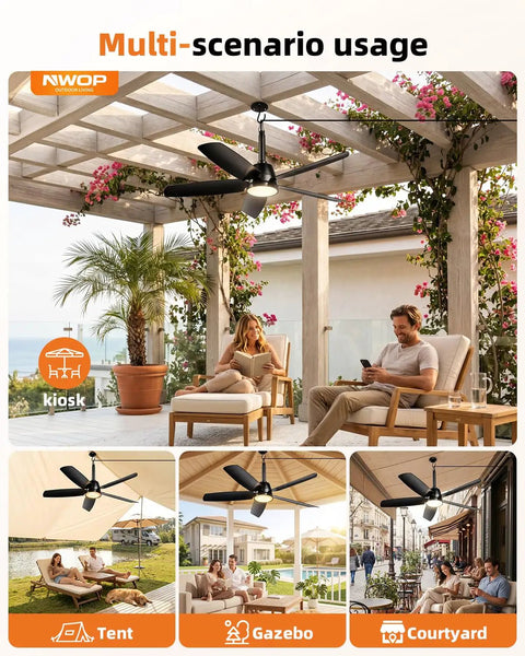 36 Inch Outdoor Ceiling Fan With Light And Remote, Wet Rated For Patios And Porches, visible in a gazebo setting, with people relaxing